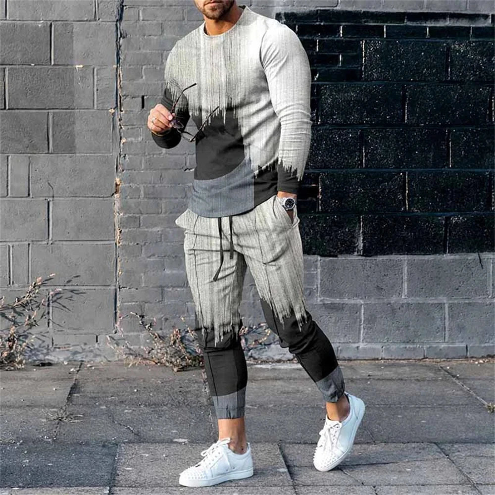 mens 2-piece Trouser Tracksuit 3D printed autumn runner long sleeved T-shirtpants casual street sportswear 241205