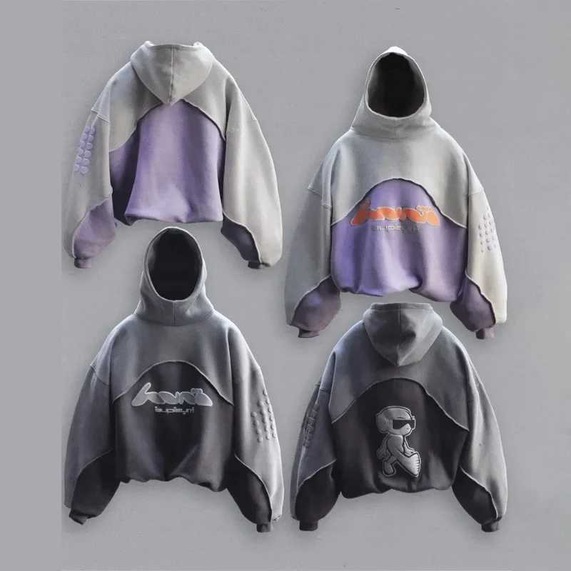 Y2K Hoodie Harajuku foam printed panel design large brushed retro sweatshirt mens fashion hip-hop elastic top X241207