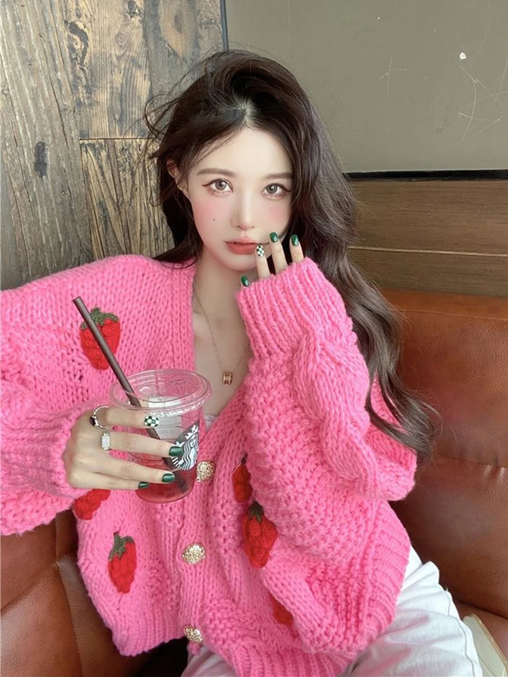 Zoki 3D Strawberry Sweet Cardigan Womens Loose Long Sleeve Fashion Knitted Sweater Korean Lazy Style Casual Soft 241206