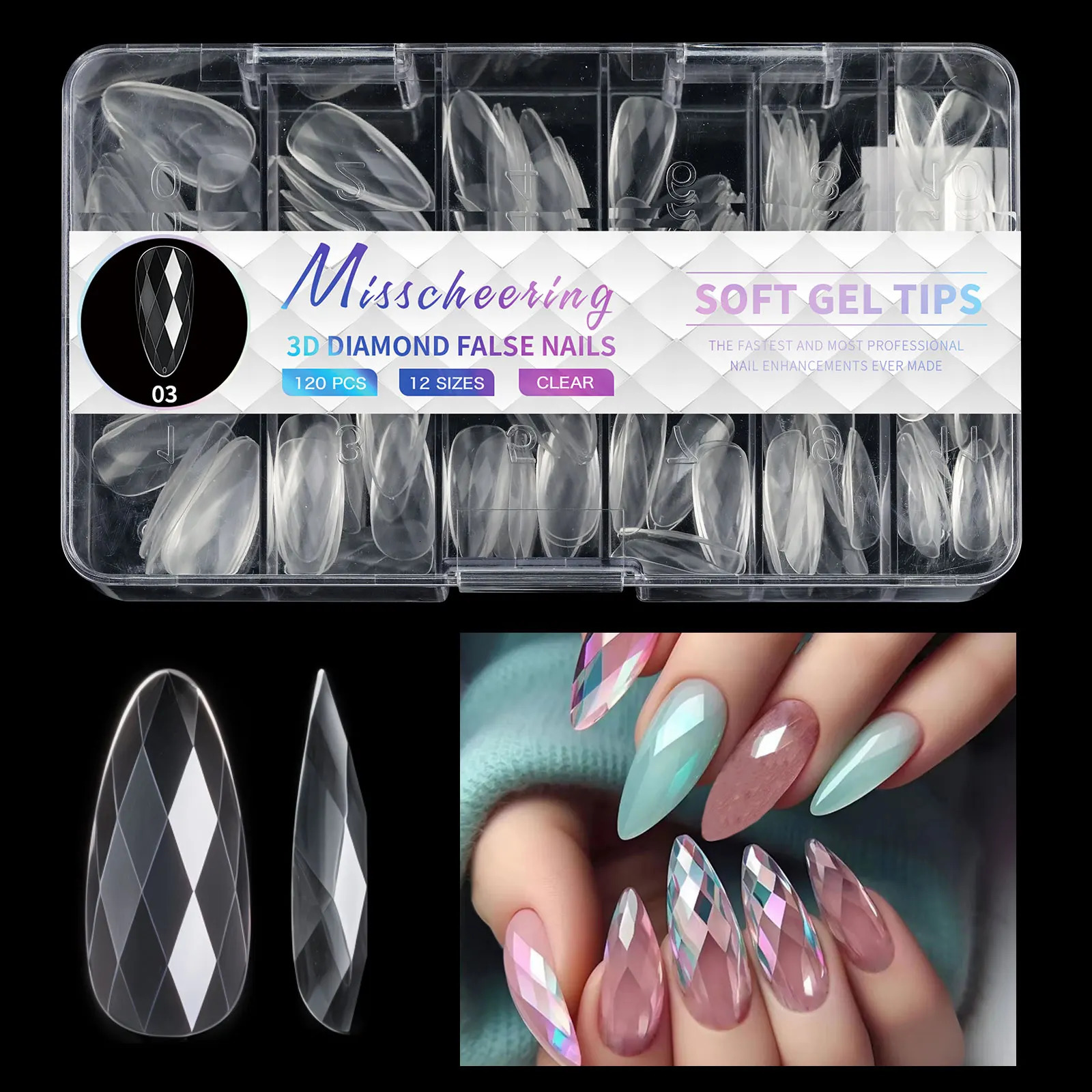 3D Diamond Gel False Nail Tips Almond Nail Ballet False Nails Acrylic Full Cover Press on Nails Manicure Extension Tools 241206