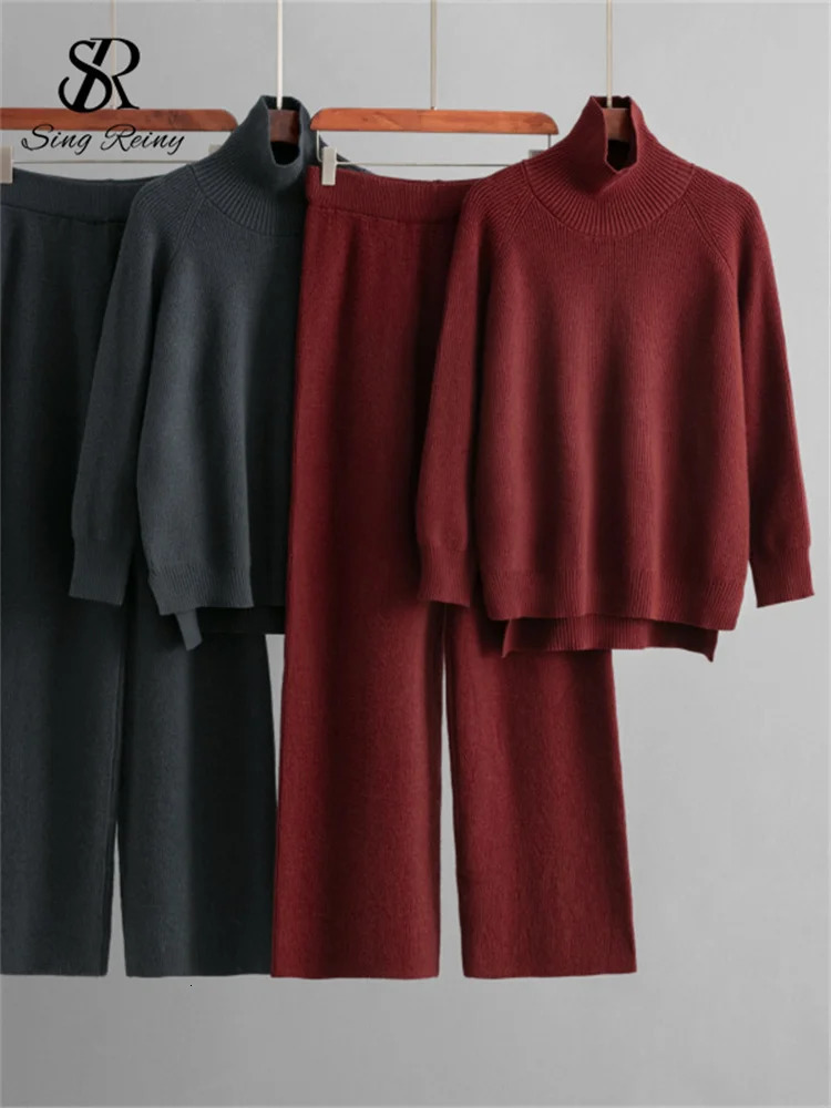 Singreiny Winter Solid Warm Set Womens Turtle Neck Long Sleeve Irregular TopWide Leg Casual Pants Sweater Two Piece Set 241205