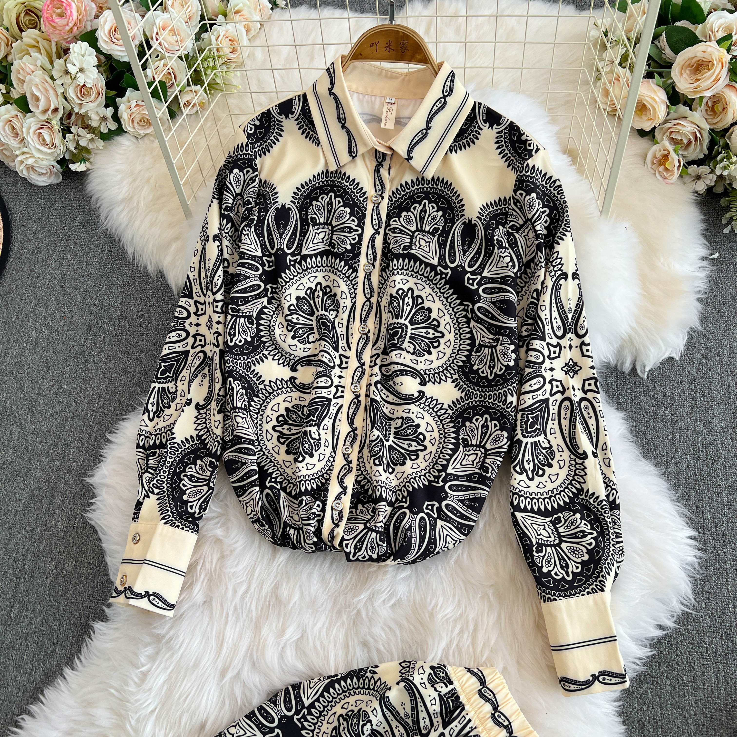 Women's Two Piece Dreses Pants Women Vintage Print 2 Piece Set Chic Lapel Long Sleeved Blouse Top Loose Straight Leg Pants Suit Fashion Streetwea