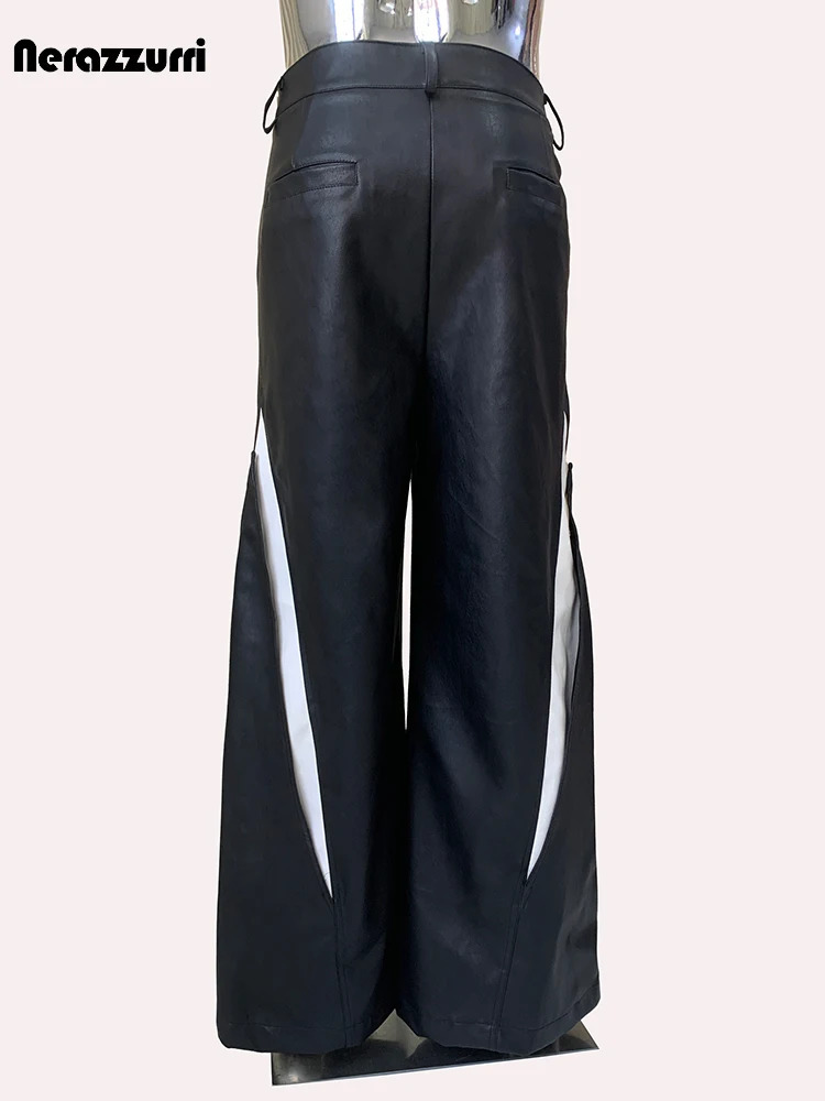 Sapphire autumn cool long white black block Pu leather wide leg mens er streetwear 241205