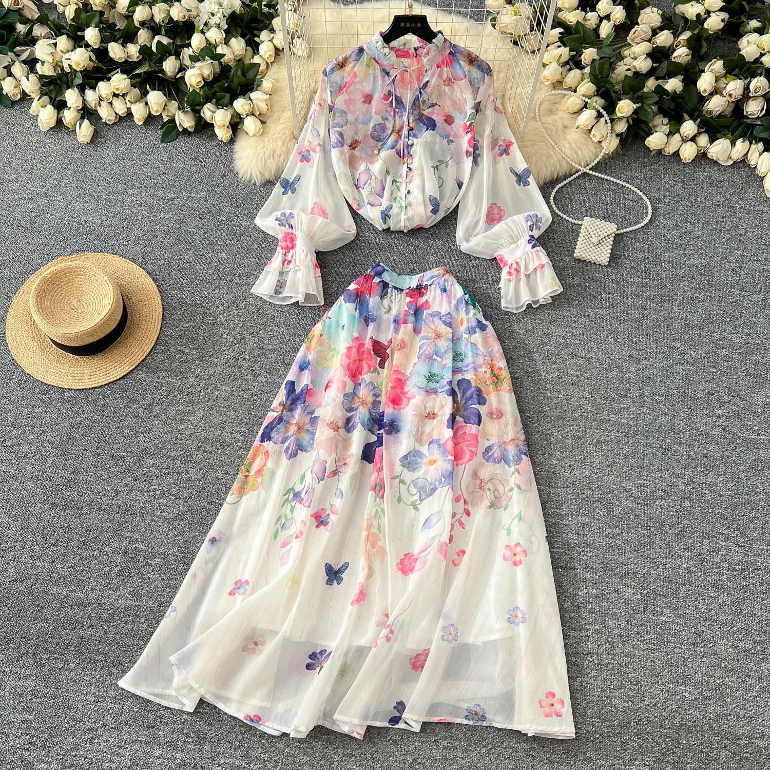 Two Piece Dress 2025 Fashion Runway Gorgeous Flower 2 Piece Set Women Bow Floral Print Long Flare Sleeve Tops High Waist Maxi Skirts Suit