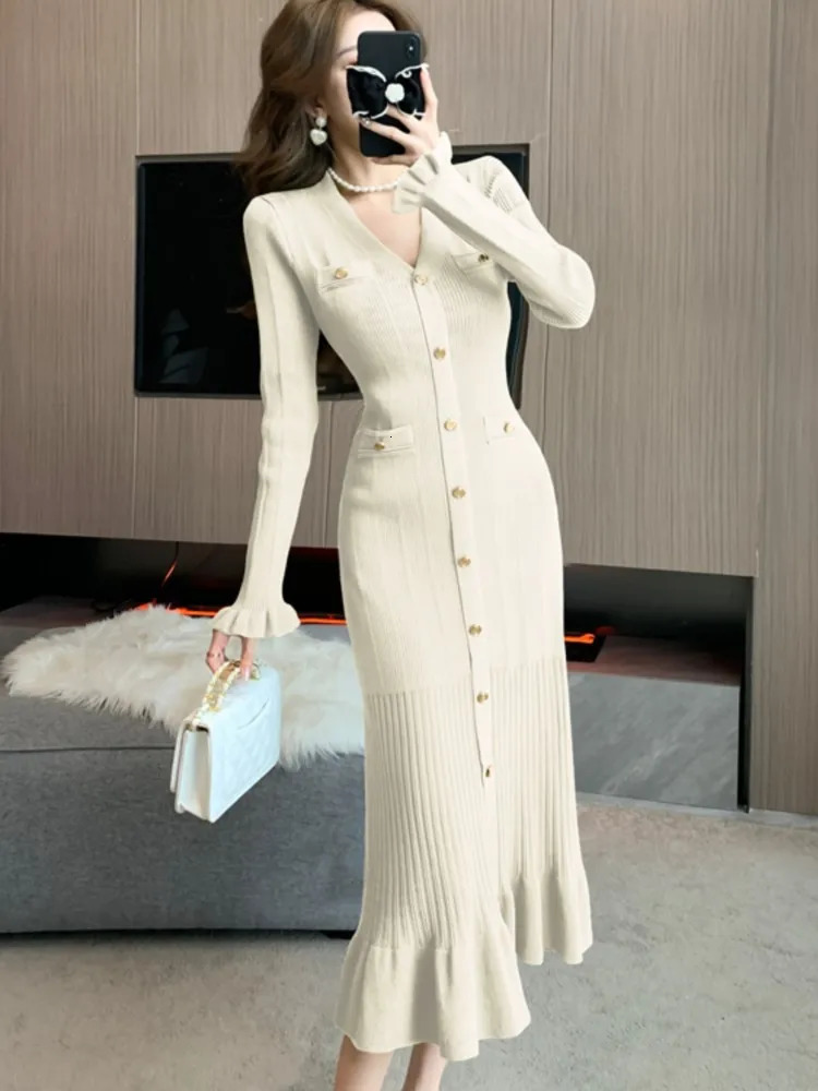 Autumn solid knit womens dress single chest chic pleated sleeves casual hem womens office elegant robe 241205