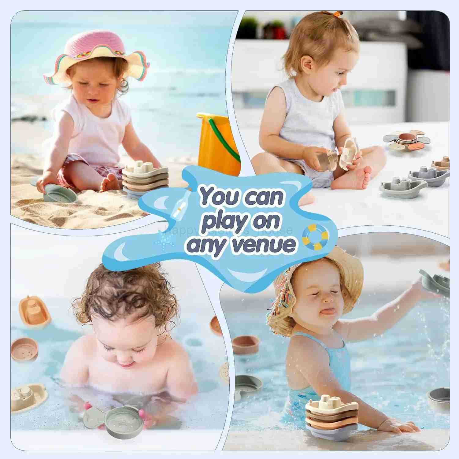 Bath Toys Floating Boats with Bathing Spoon Durable Educational Plastic Stacking Boat for Baby Water Table Toys Birthday GiftXJ241207