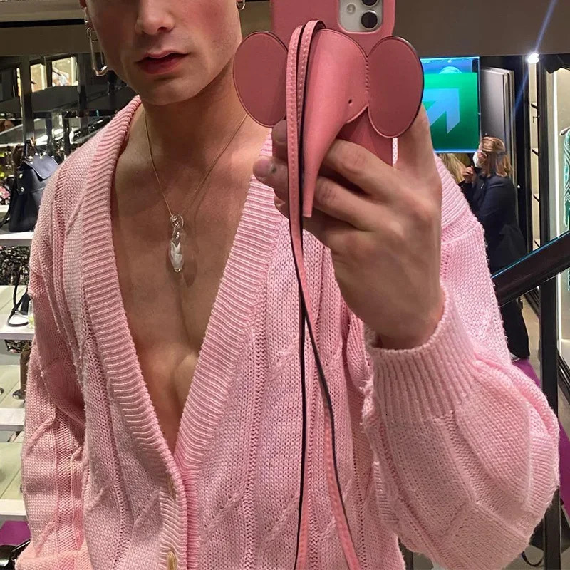 Sexy deep Vneck pink sweater mens fashion loose button long sleeved knitted cardigan 2024 spring street 241206