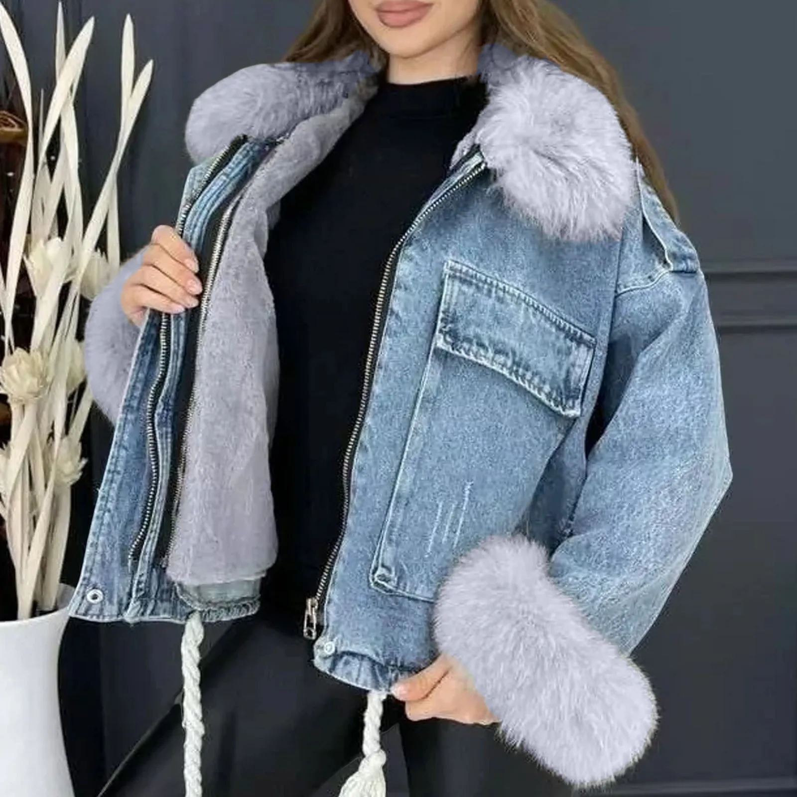 Blue wool thick denim jacket womens retro button tight short fur collar winter windproof loose 241206