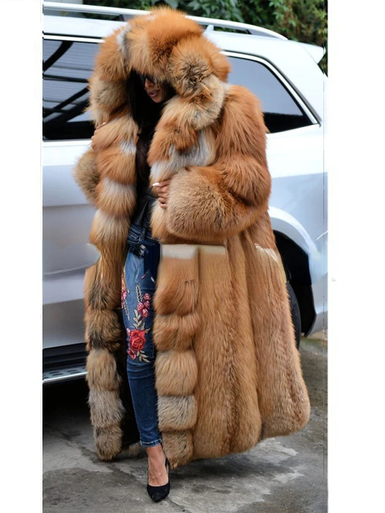 Winter long sleeved faux fur warm coat long sleeved coat fox fur coat womens long hooded fur one-piece fur coat S-XXXXL 241202