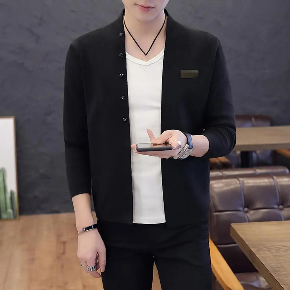 Button mens jacket knitted cardigan fashionable ultrathin fit warm vertical collar badge 241206