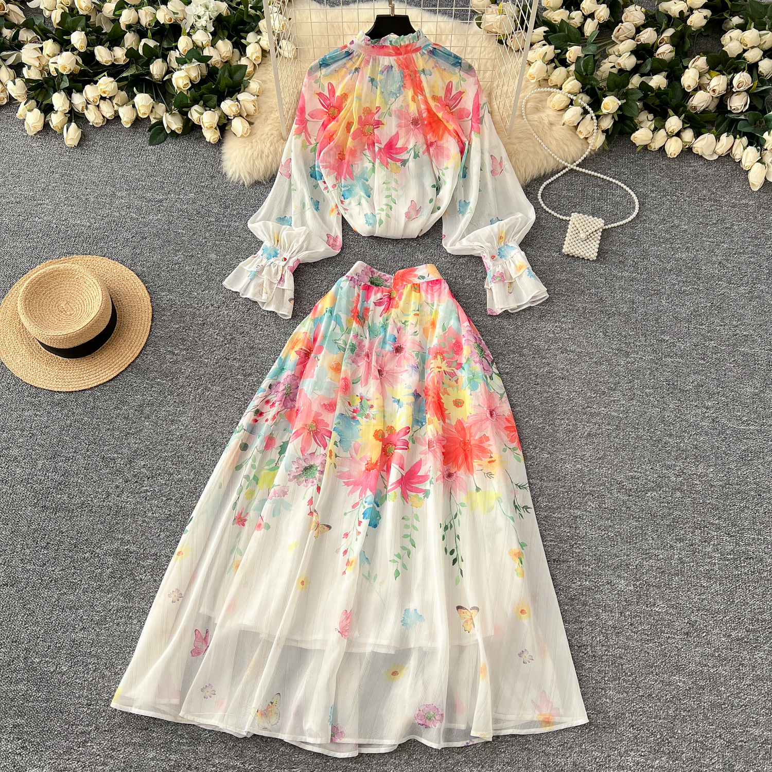 Two Piece Dress 2025 Fashion Runway Gorgeous Flower 2 Piece Set Women Bow Floral Print Long Flare Sleeve Tops High Waist Maxi Skirts Suit