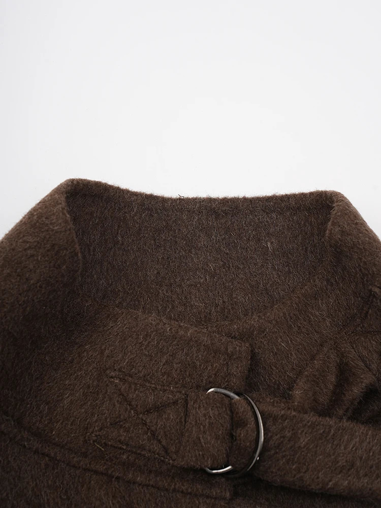 EAM Brown Large Thick Wool Coat Stand Collar Long Sleeve Womens Jacket Fashion Trend Winter CPG2349 241205