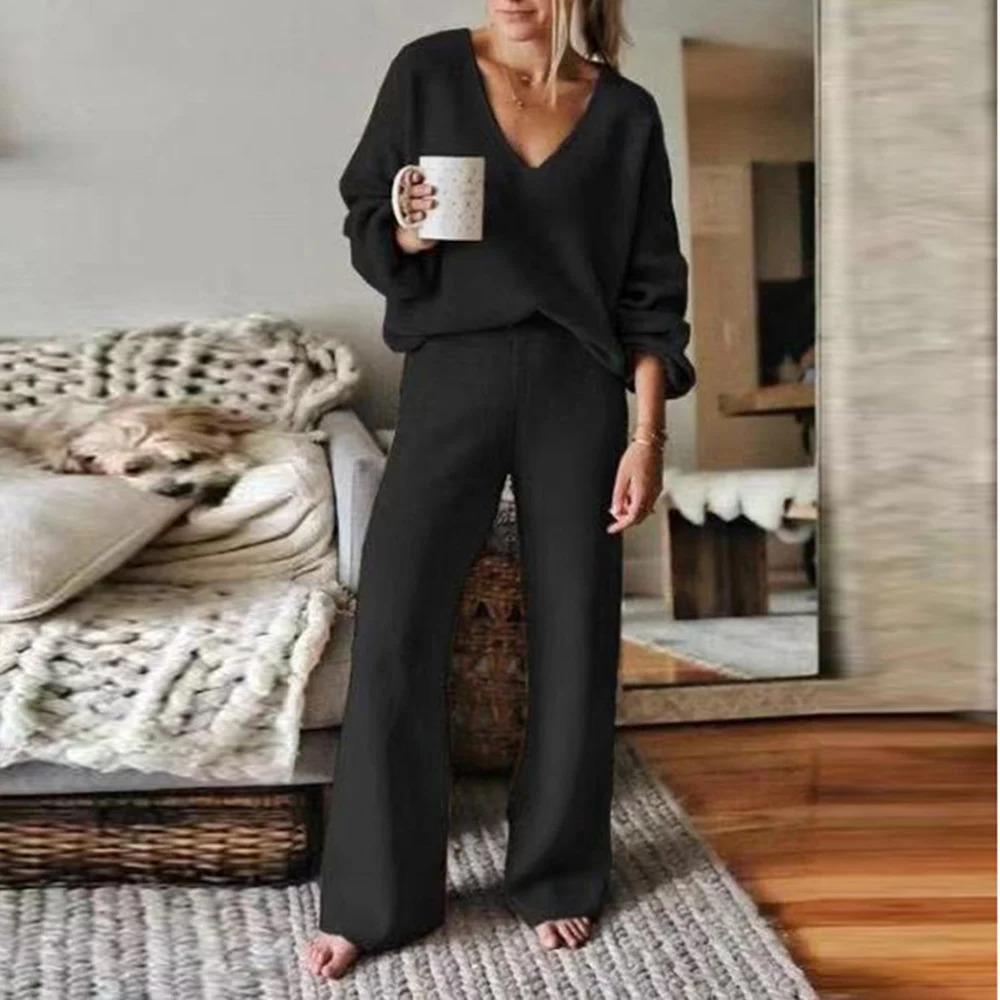Casual twopiece womens clothing 2024 item long sleeved Vneck loose top wide leg pants set sportswear 241206