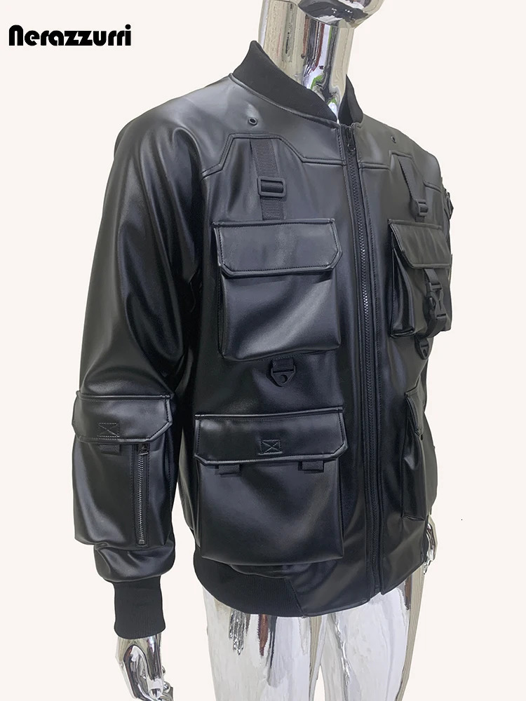 Sapphire autumn cool waterproof black Pu leather cargo Bommer Techwear mens jacket with multiple pockets European clothing 241205