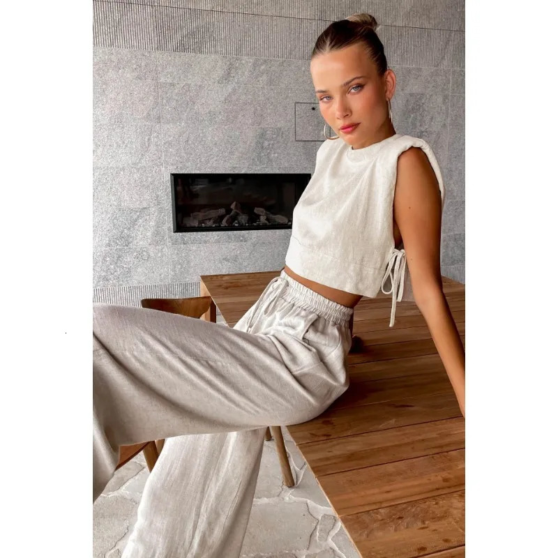 Cotton linen pants set khaki summer womens 2-piece fashionable lace top casual elastic waist loose pants set 241205