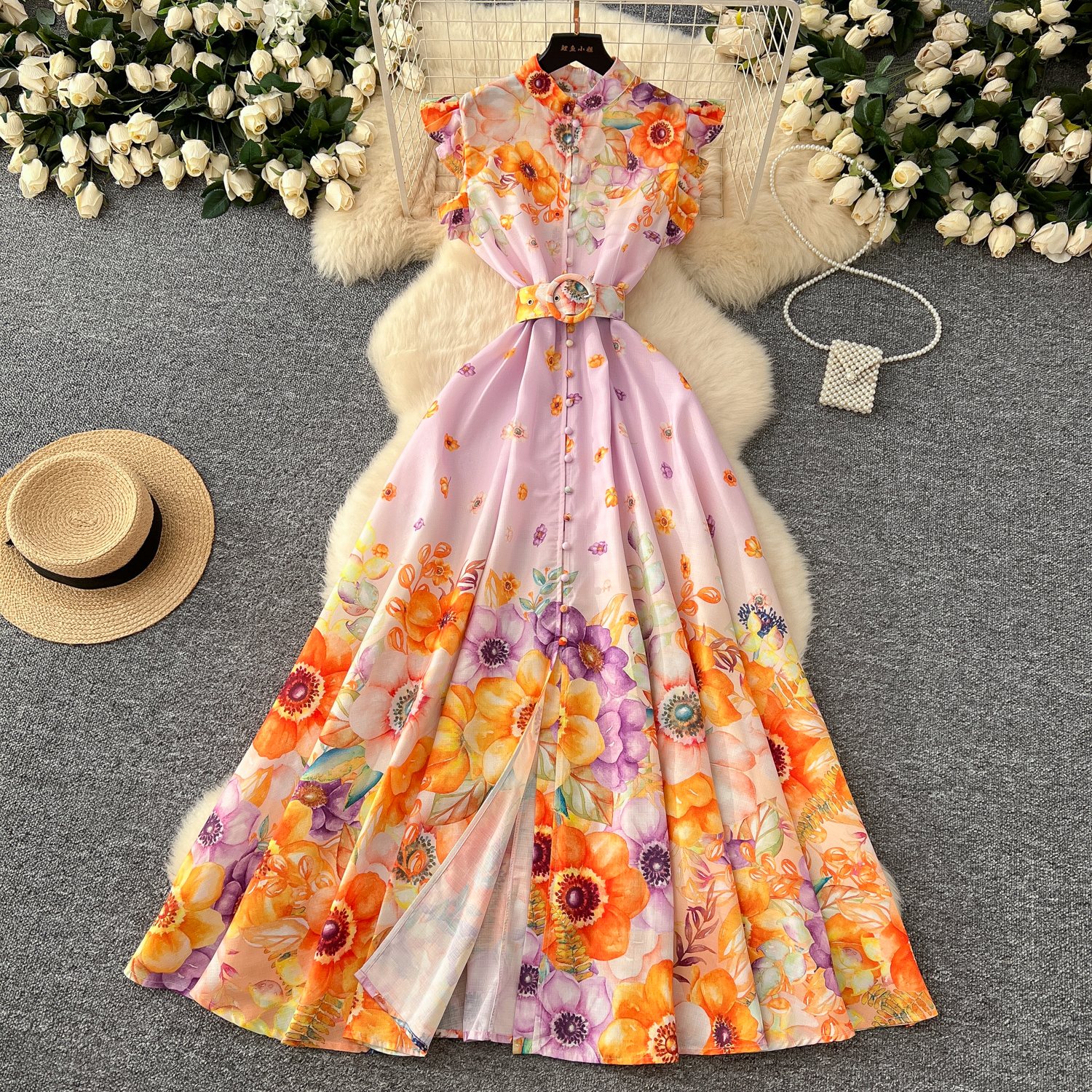 2025 Casual Dresses Summer Holiday Linen Gorgeous Flower Dress Women's Stand Flying Sleeve Floral Printing Single Breasted Belt Long Party Vestid