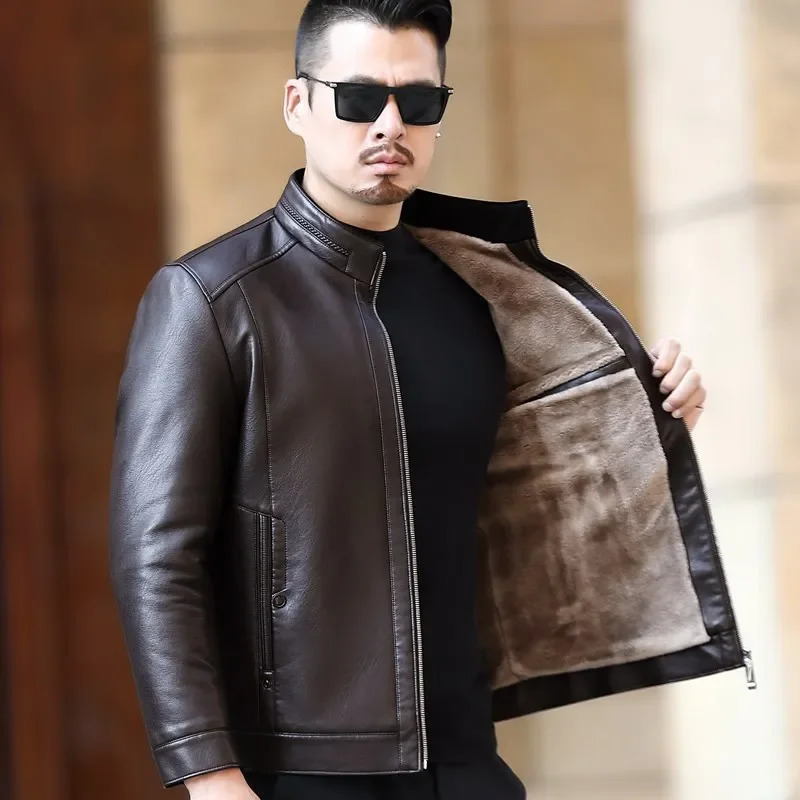 YEAE Stand Collar Fur Leather Jackets for Men Mens Clothes 2024 in Coats Jacket Male Winter 241202