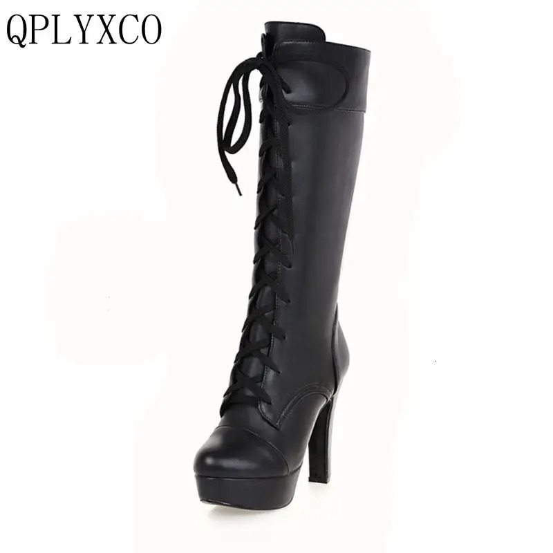 QPLYXCO Plus Fashion Mini Size 3145 Womens Boots Autumn Winter Warm Lace High Heels Long Botas Shoes M20 241206