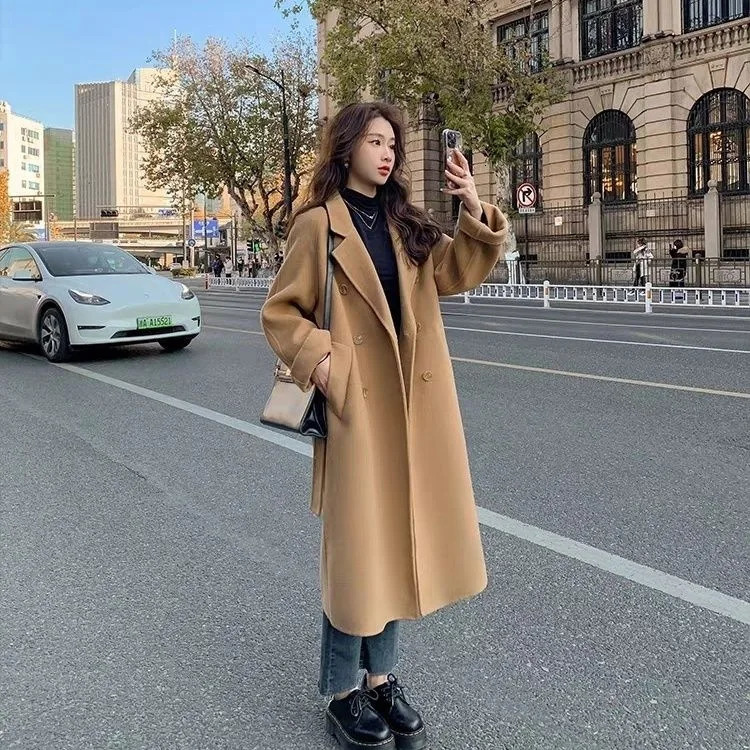 Lace UP Long Coat Women 2024 Spring Faux Woolen Full Sleeve Female Midi Jacket Fashion Single Breasted Loose Causal Lady Coats 241202