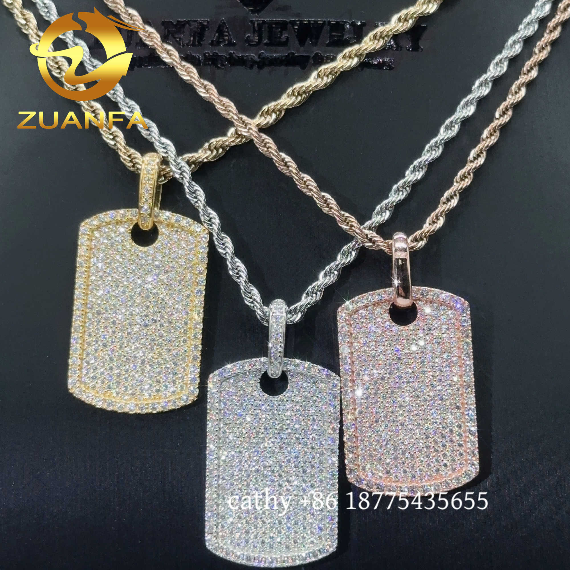 Ready to Ship Moissanite Hip hop Jewelry tag iced out pendant Sterling Silver 925 Moissanite dog tag Pendant with rope chain