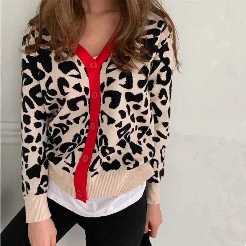 Autumn And Winter Womens Knitted Leopard Print Cardigans Ladies SingleBreasted Sweater Red Jumper Female Clothing