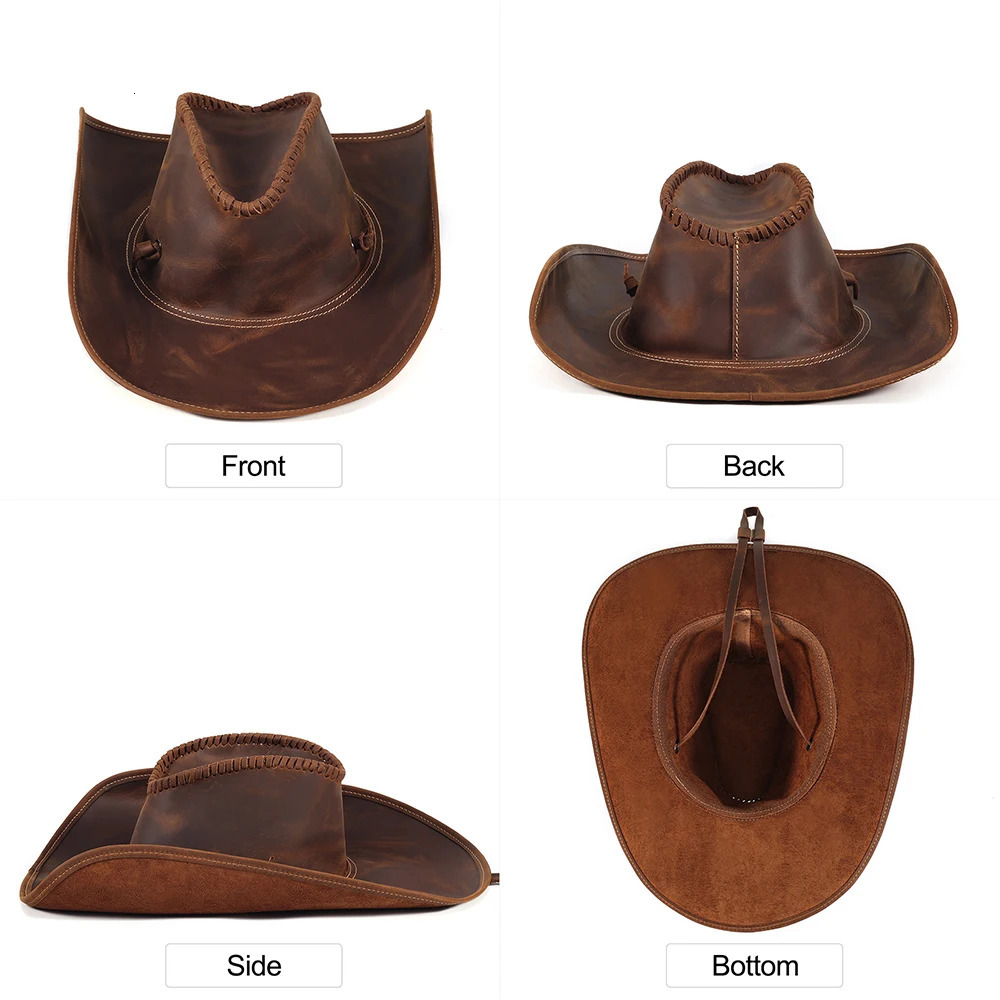 JOYIR genuine leather mens western cowboy hat retro hat handmade western shape durable large 60CM back cover 241206