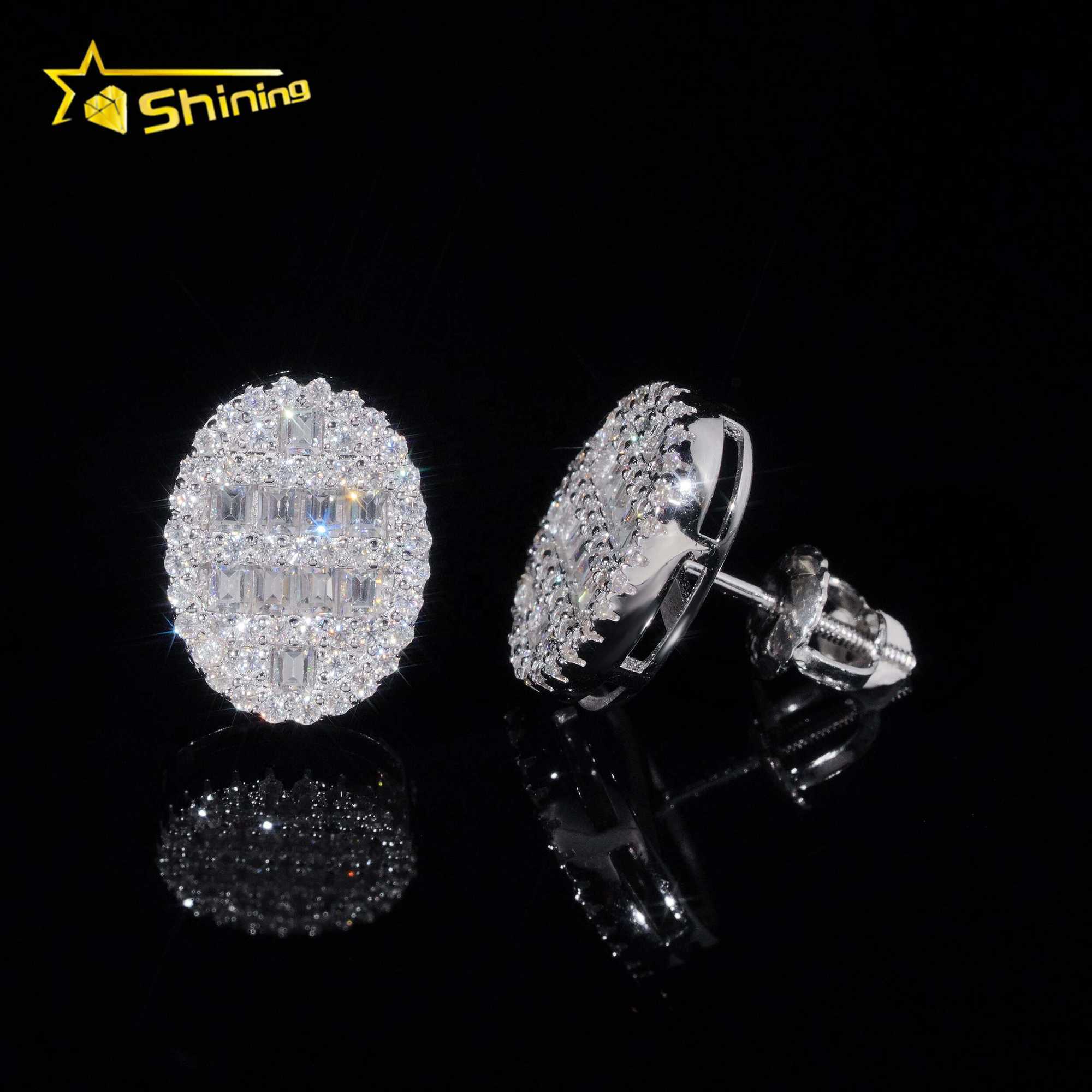 New design baguette lab dia sier vvs moissanite hip hop iced out stud earrings
