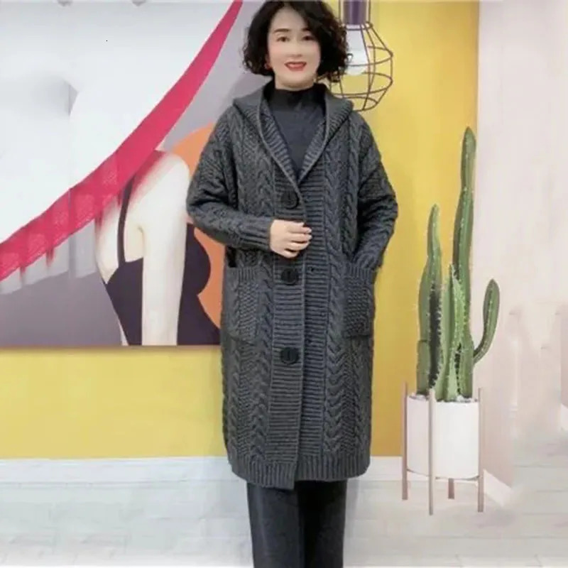 autumn and winter jacquard twisted hooded cardigan womens long single chest knitted top 241206