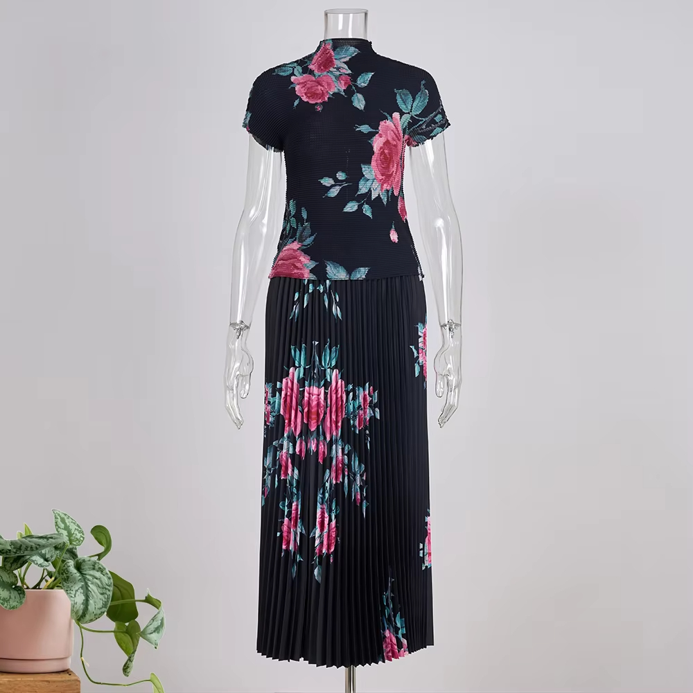 Two Piece Dress Runway Two Piece Skirt Set Women Flower Print High Stretchy Pullovers Top Pleated Long Skirts Suit Summer Female Outfit 2025