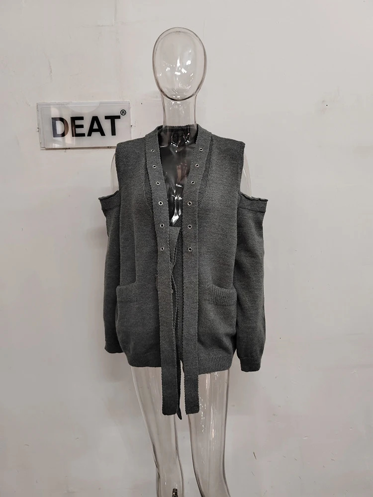 DEAT Fashion Womens Knitted Cardigan Shoulder Hollow Out Pockets Elastic Ribbon Decorate Loose Coat Autumn 7AB1714 241203