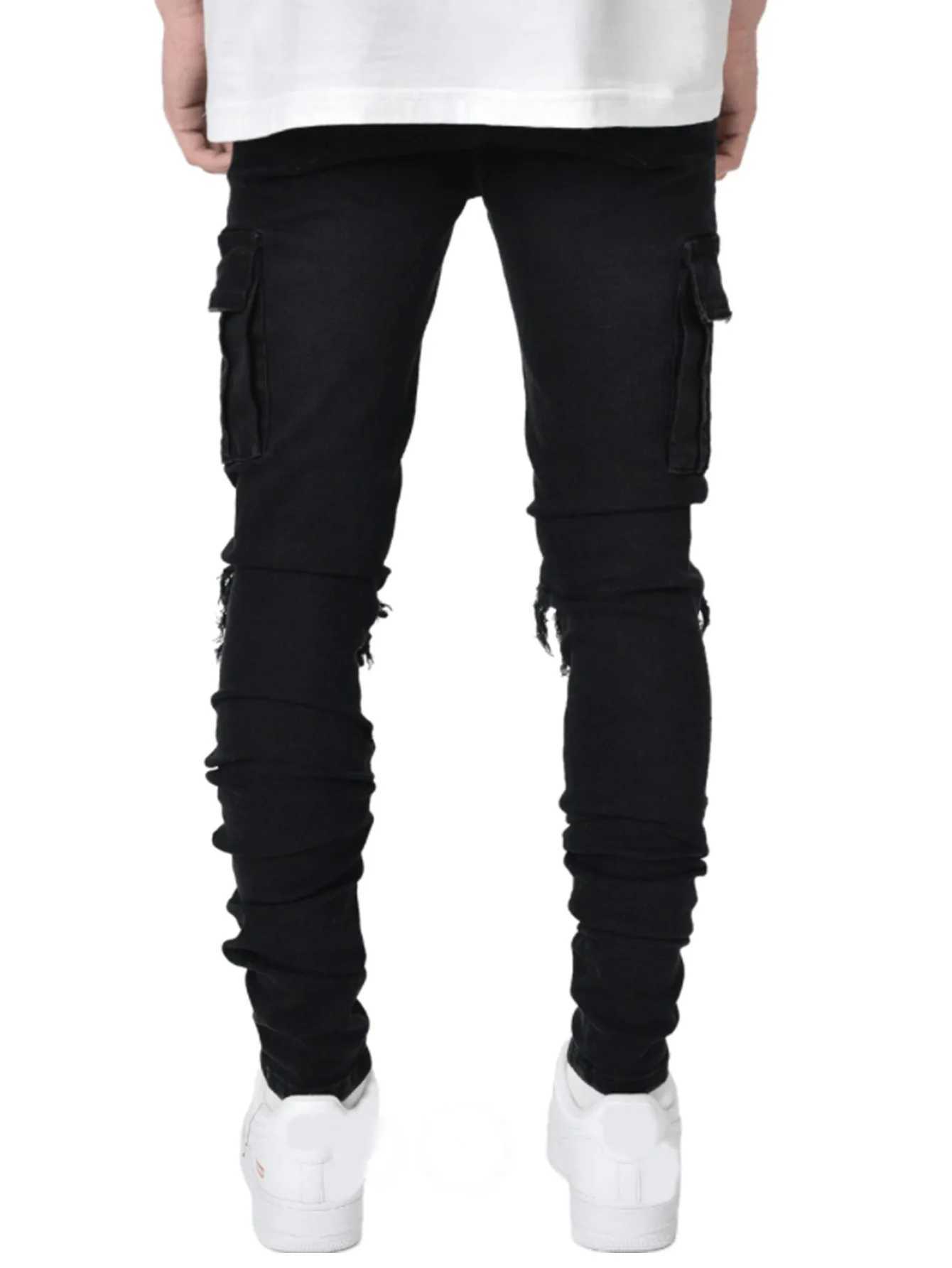 High Quality New denim mens pants with holes fashionable black slim fit denim mens calf jeans T241207