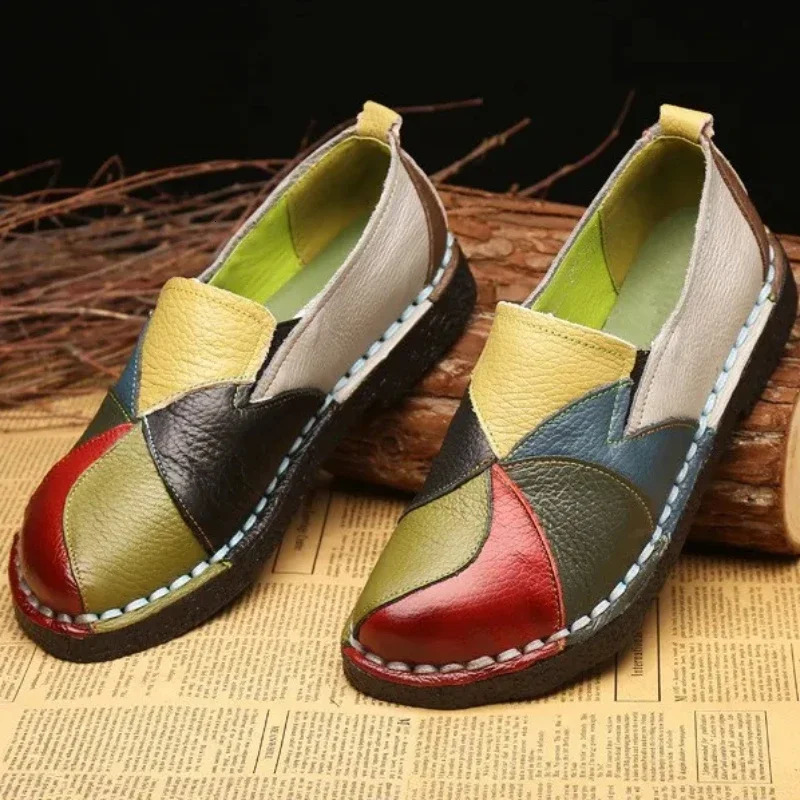 Mixed Color Womens Loafers Retro Flat Shoes Soft Sliding Splicing Patch Moccasins Large Size 43 Rasteiras Femininas 241206