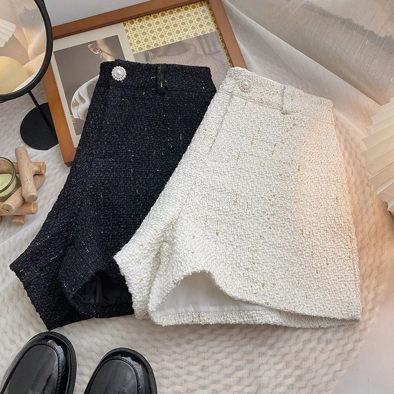 Womens casual shorts with spring solid high waist A-line coarse tweed Korean fashion womens shorts retro wide leg Trouser 241206