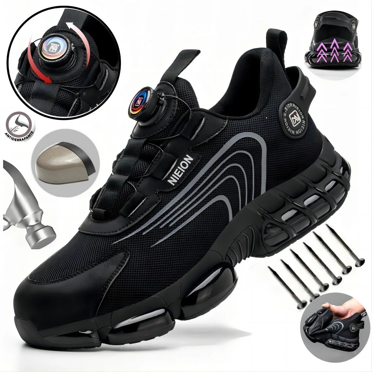 Rotating buckle work shoes protective shoes industrial safety perforated shock-absorbing steel toe caps 241206
