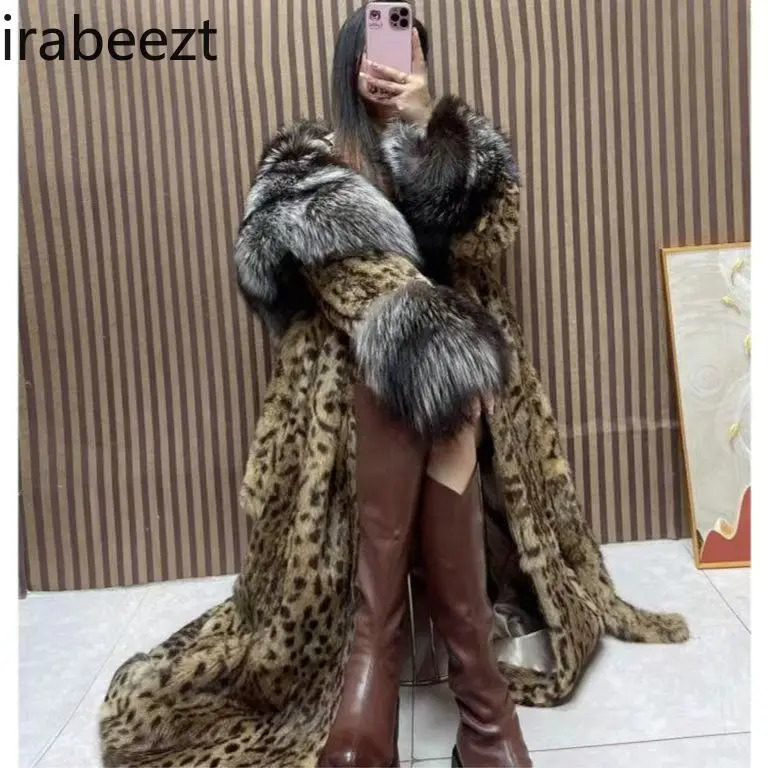 Leopard print Padded with Fox Fur Jaqueta Feminina Inverno Fashion Streetwear Casaco Feminino Long Warm Winter Coat for Women 241202