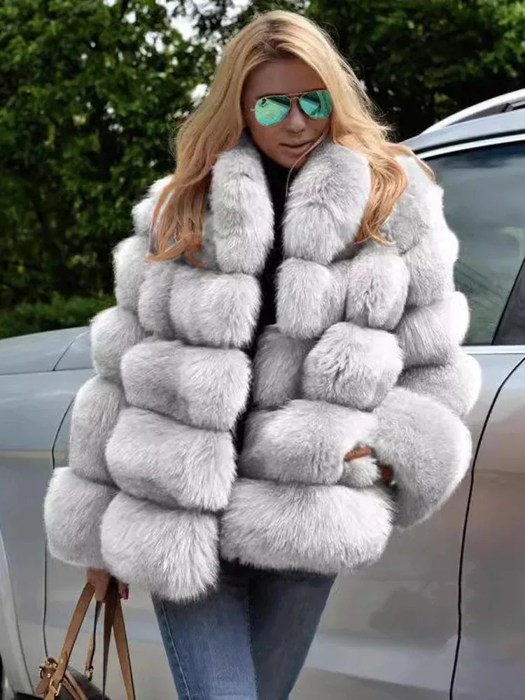 DEAT Fashion Womens faux fur coat with loose collar long sleeved patch jacket thick rabbit fur leather jacket winter 7AB6101 241202