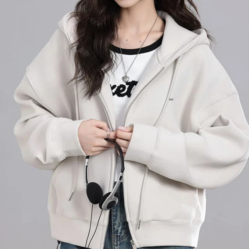 Korean Fashion Solid Color Zipper Pockets Hooded Lantern Long Sleeve Womens Clothing Spring Autumn Cardigan Coats Hoodies Tops 241203