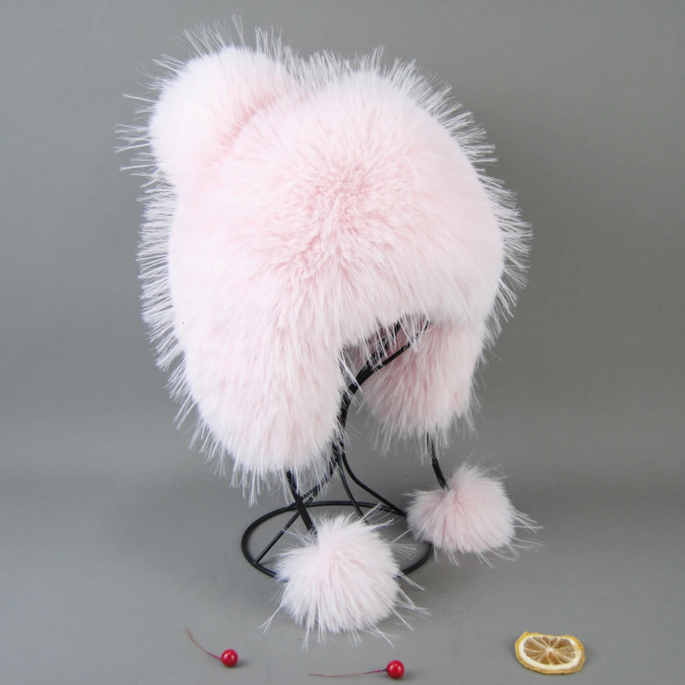 Fluffy Soviet hat fake raccoon fur hat winter octopus bomber earmuffs knitted ball fashionable flip cover Mongolian hat 241206