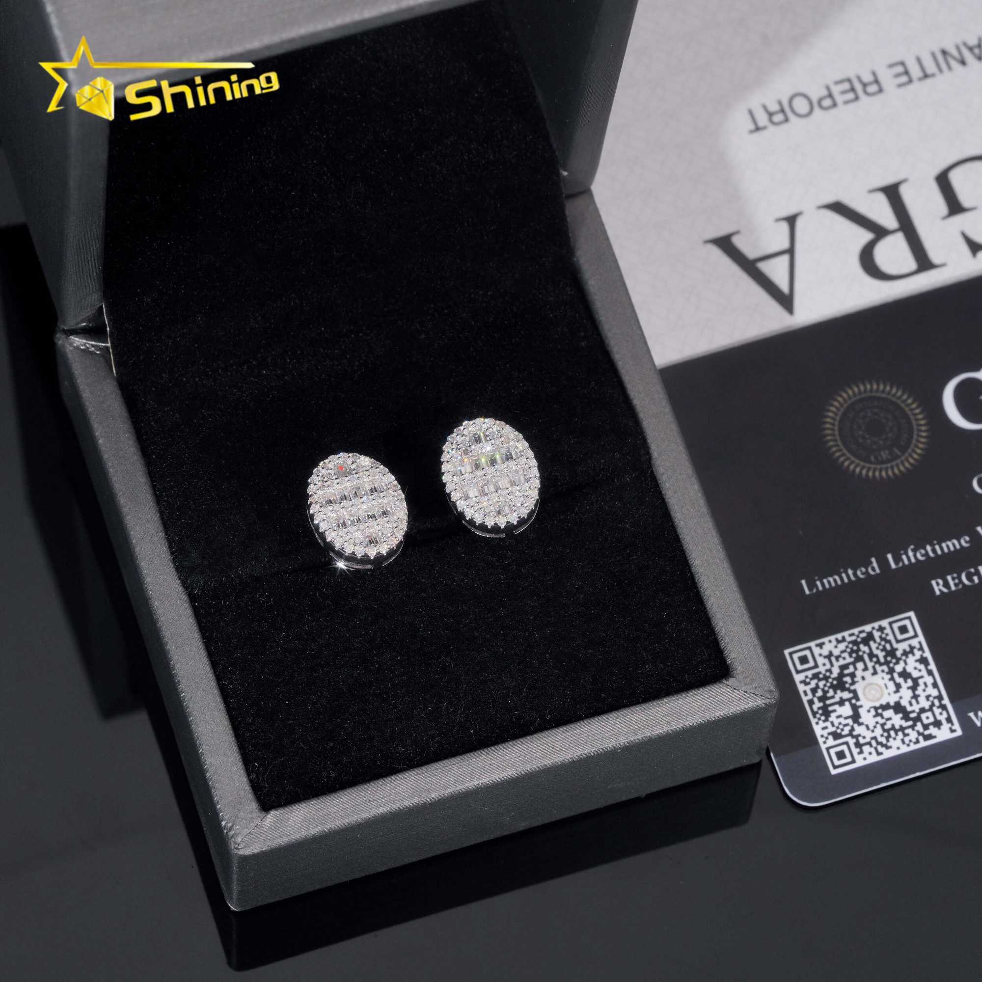New design baguette lab dia sier vvs moissanite hip hop iced out stud earrings