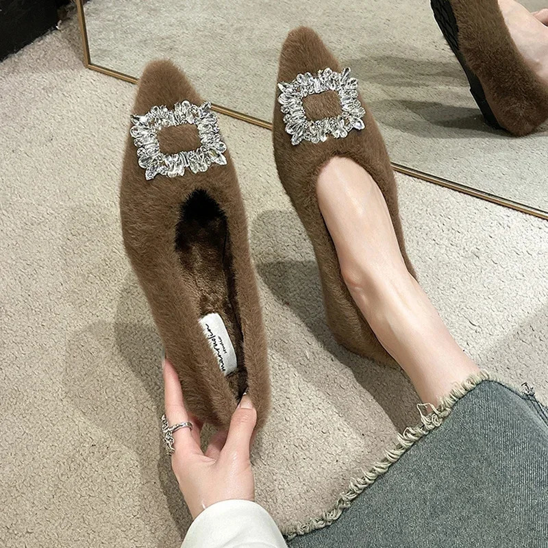 Winter shoes Pointed Toe crystal womens Loafers fur casual sports autumn boat comfortable dress Mocca 241206