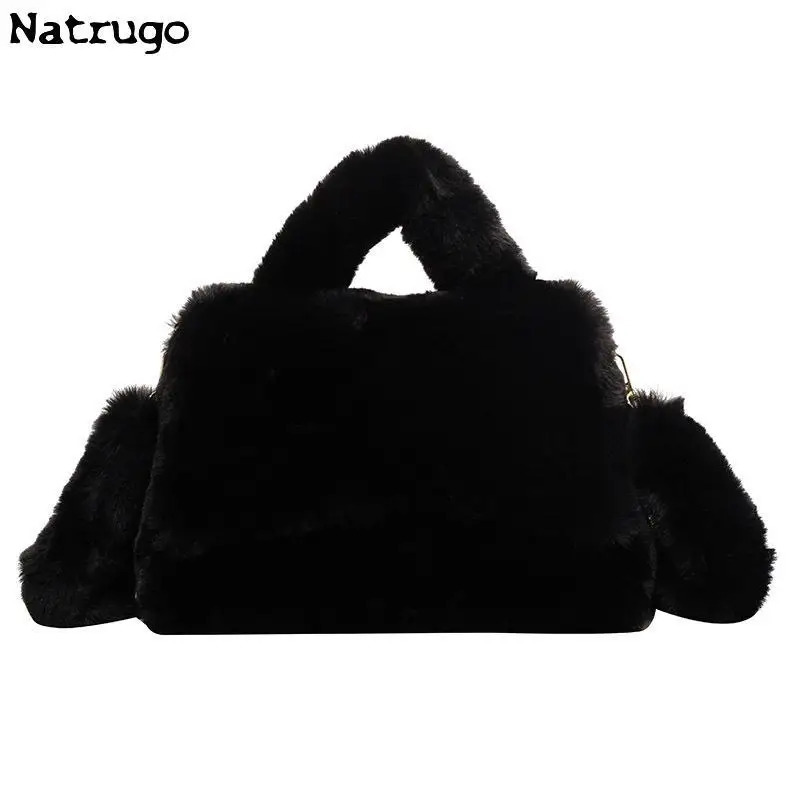 Womens large handbag faux fur handbag womens shoulder bag fashionable plush handbag cross shaped bag winter fashion 241206