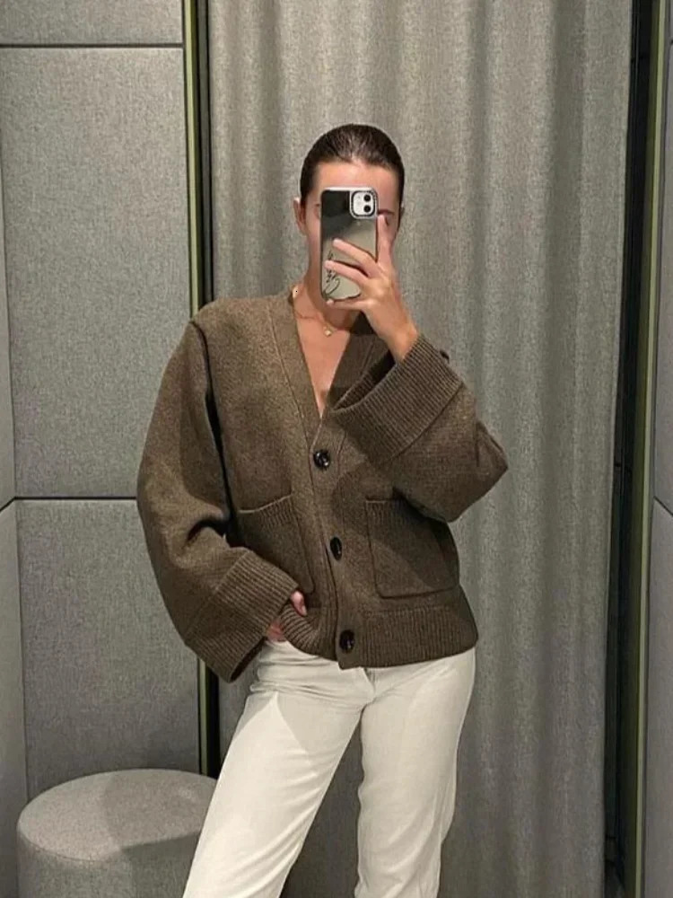Fashion single chest button cashmere cardigan womens casual Vneck knit sweater autumn commuting 241206