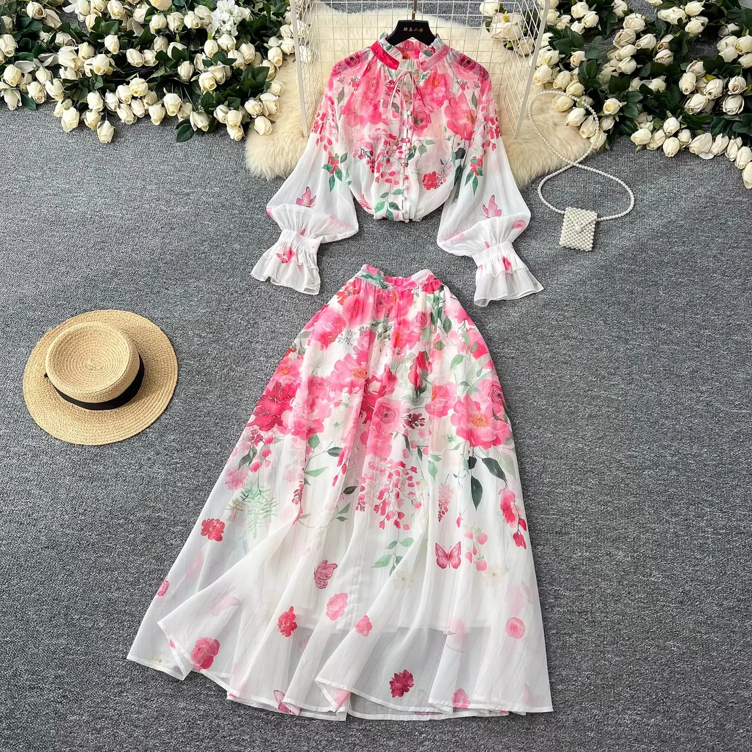 Two Piece Dress 2025 Fashion Runway Gorgeous Flower 2 Piece Set Women Bow Floral Print Long Flare Sleeve Tops High Waist Maxi Skirts Suit