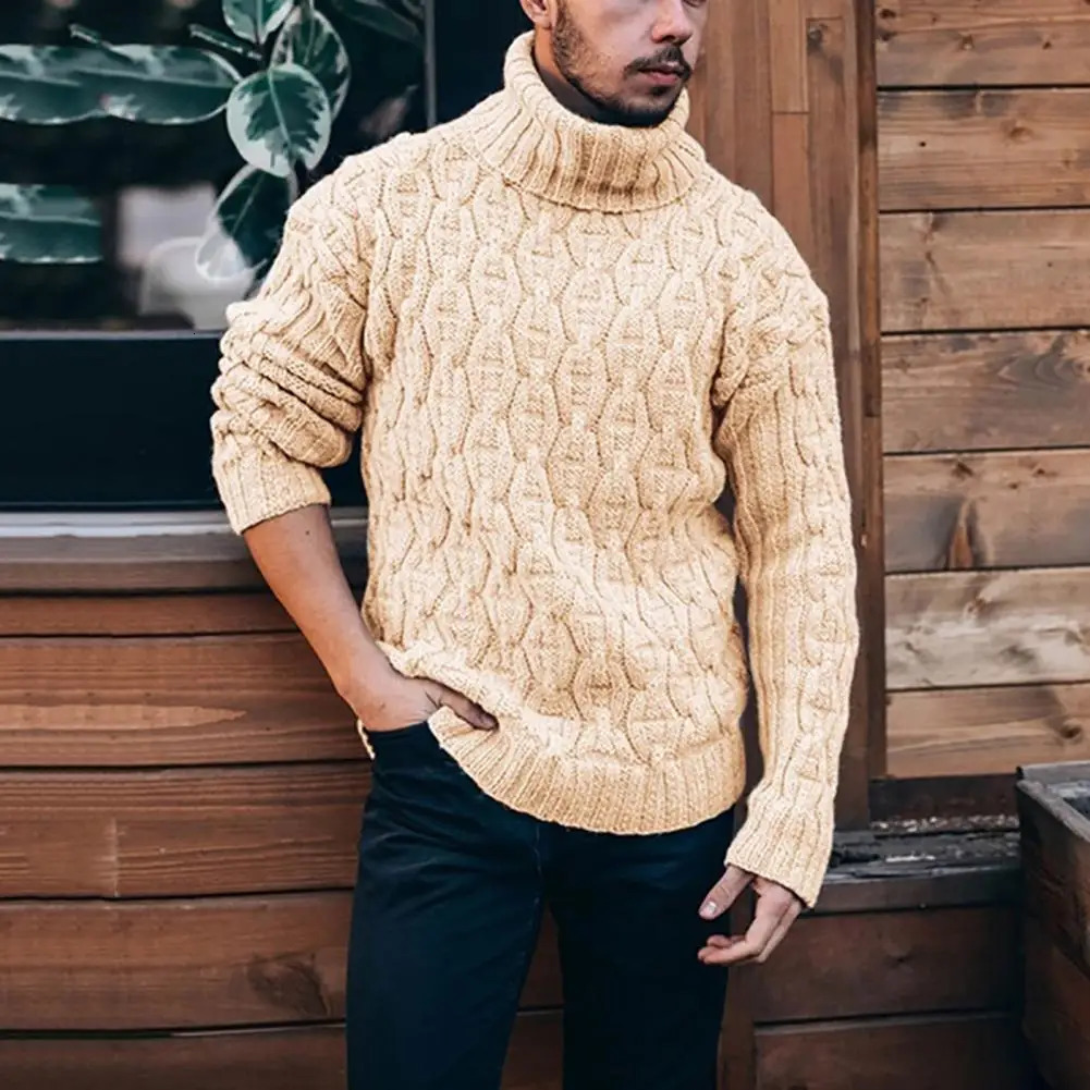 Winter Warm Thick Wool Sweater Mens Casual Knitted Turtle Neck Parachute Top Mens Fashion Solid Long Sleeve Ribbon Sweater 241205
