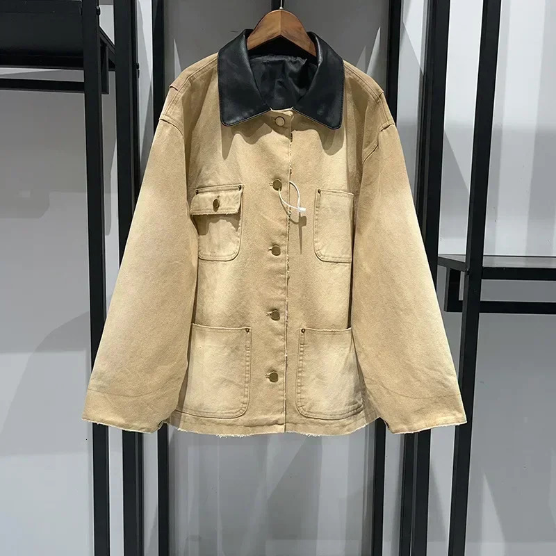 womens 2024 autumn and winter harsh white loose leather collar workwear denim jacket medium long 241206