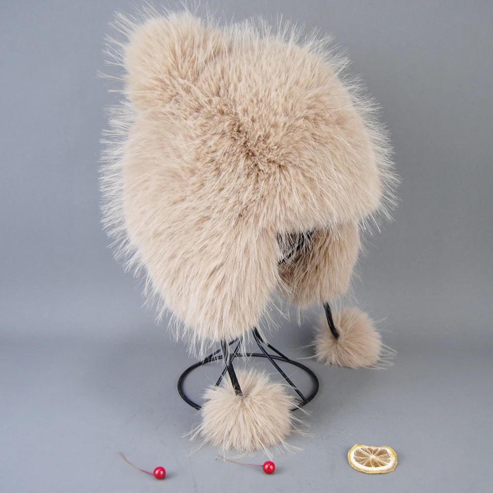 Fluffy Soviet hat fake raccoon fur hat winter octopus bomber earmuffs knitted ball fashionable flip cover Mongolian hat 241206