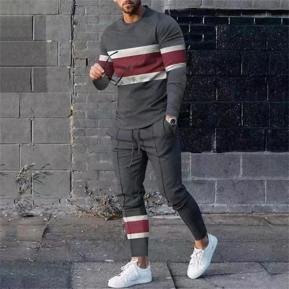 Mens long sleeved t-shirt track wear 2-piece set sports shirt sports pants set printed top mens sports shirt 241205