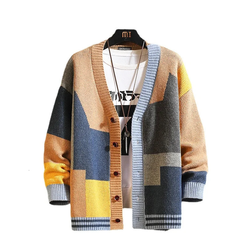 Autumn and winter highquality retro splicing color mens casual sweater cardigan wool multicolor street clothing loose knitted fabric 241206