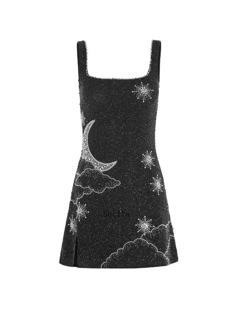 Women Fashion Sequins Printed Suspender Mini Dress Sexy Shiny Sleeveless Female Elegant Party Club Evening Robe