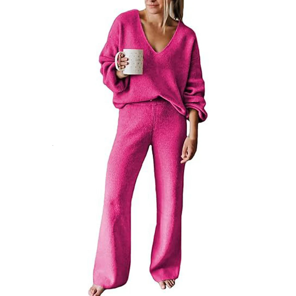 Casual twopiece womens clothing 2024 item long sleeved Vneck loose top wide leg pants set sportswear 241206